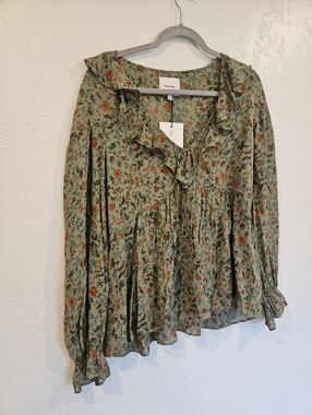 Reformation Wyn Floral Ruffle Blouse Green V Neck Long Sleeve Blouse NWT Size 10